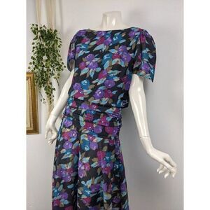 80s party dress floral print, drop waist short sleeve size 9
